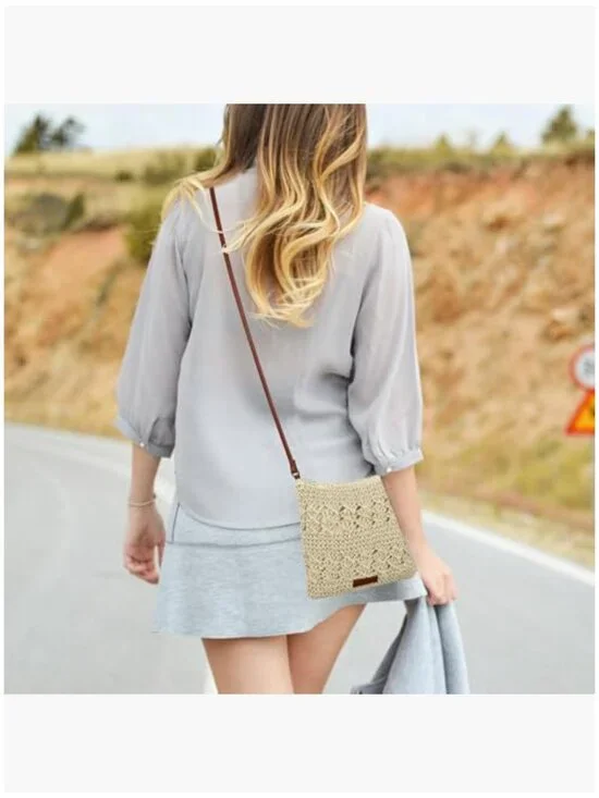 Handwoven Straw Crossbody Shoulder Bag Summer Beach Purse - Picture 2 of 6